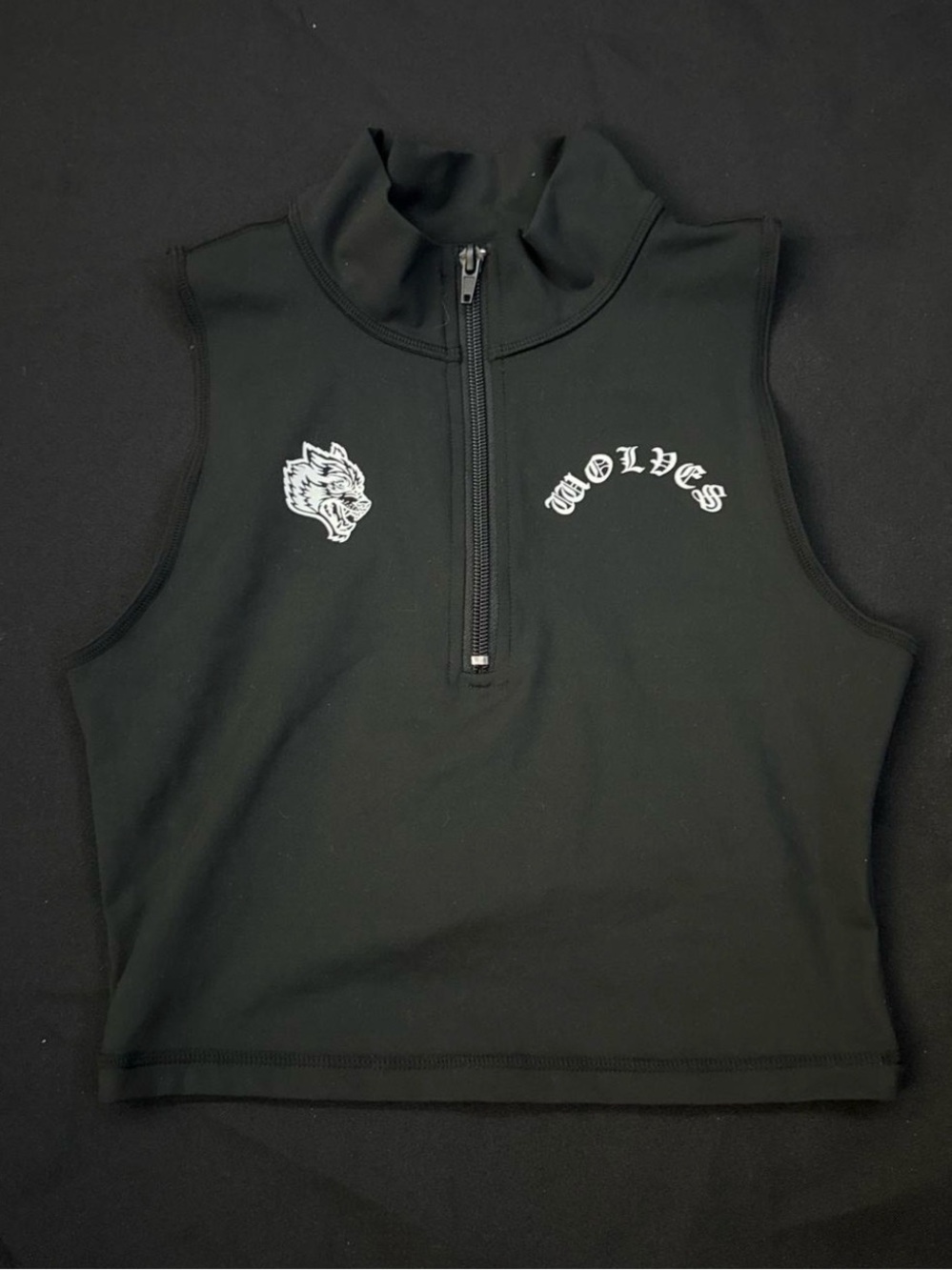 Darc Sport Black Sleeveless Zip-Up Crop Top with White Wolves Logo